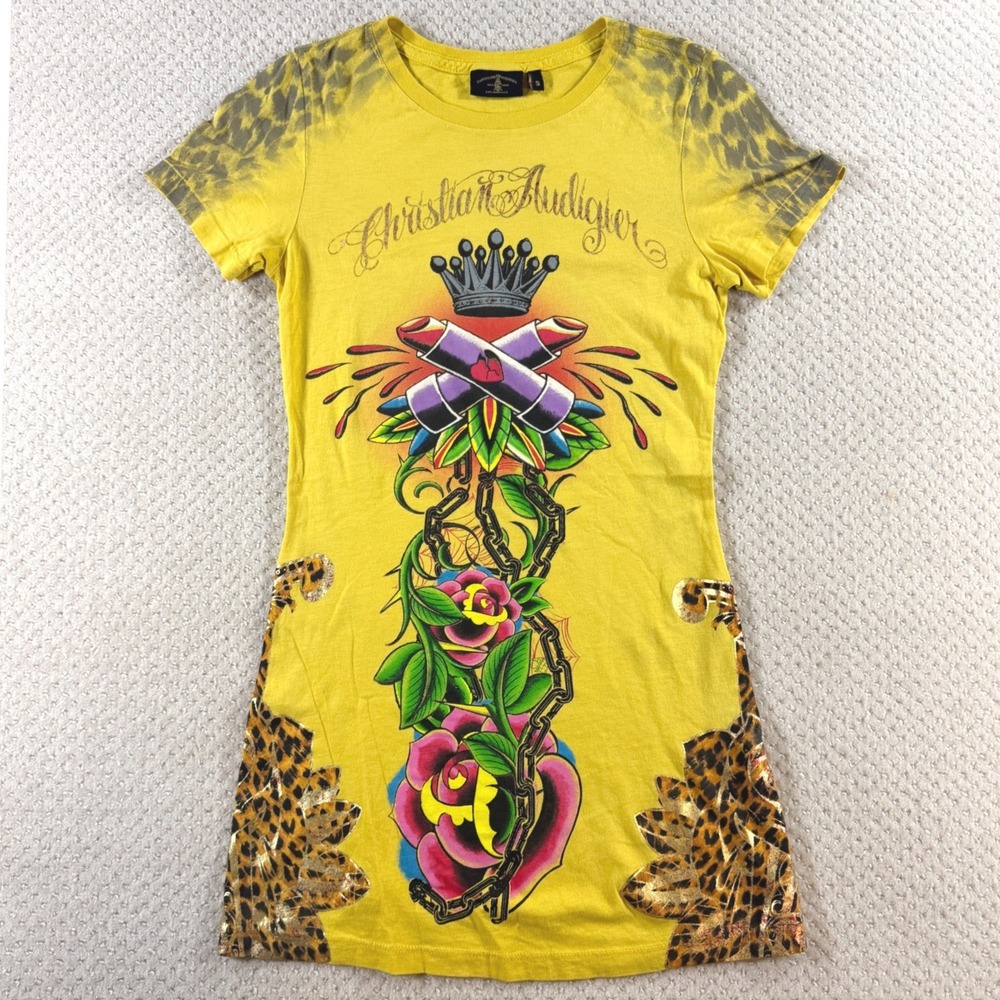 Y2K Christian Audigier Graphic Tee Vintage Women SM Ed Hardy Style Tattoo Cyber